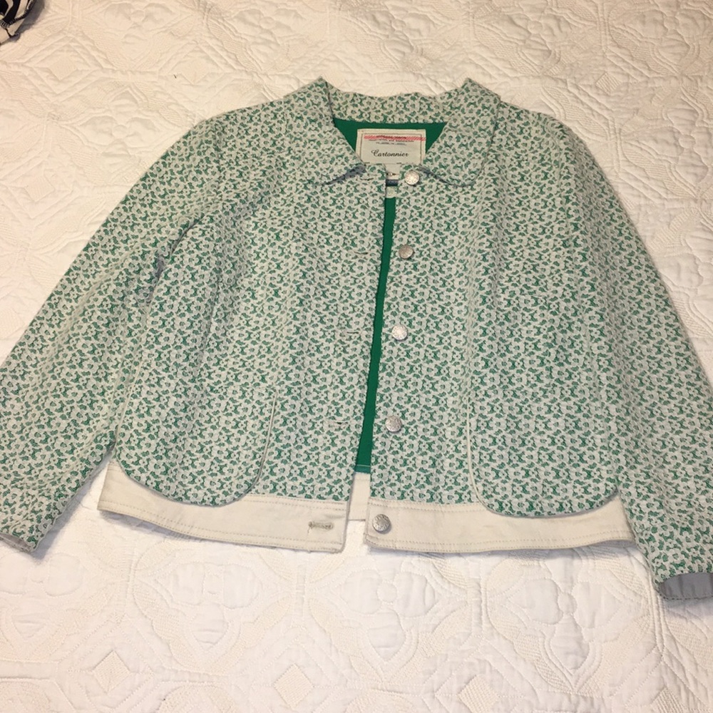 Anthropologie green and white floral jacket.